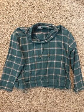 Plaid Cowl-Neck Pull-On Sweater Hoodie - Green